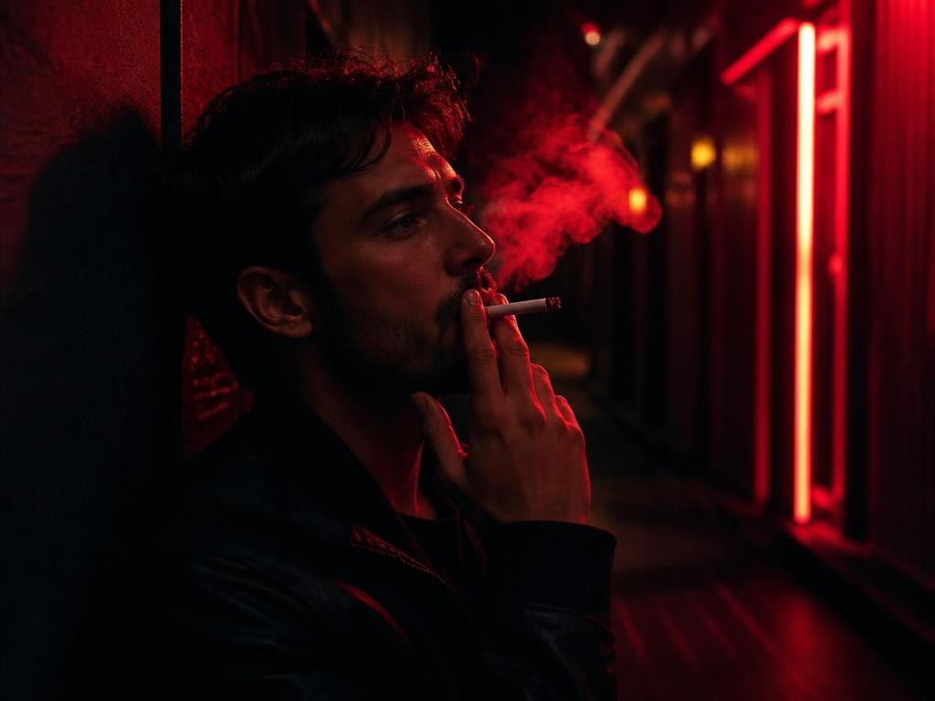 Homem fumando em ambiente escuro com luz vermelha