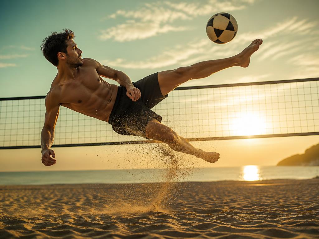 Homem jogando futevôlei na praia ao pôr do sol